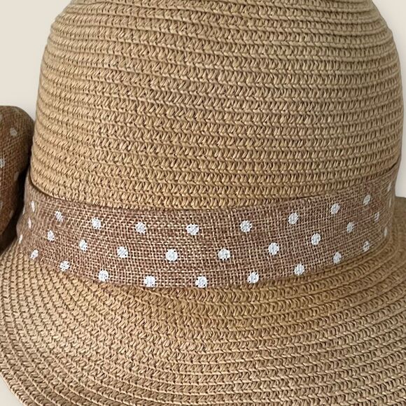 Cute Womens Fedora Straw Hat Clutch Bucket Polka Dot Bow Band Tan White Feminine - Picture 5 of 8